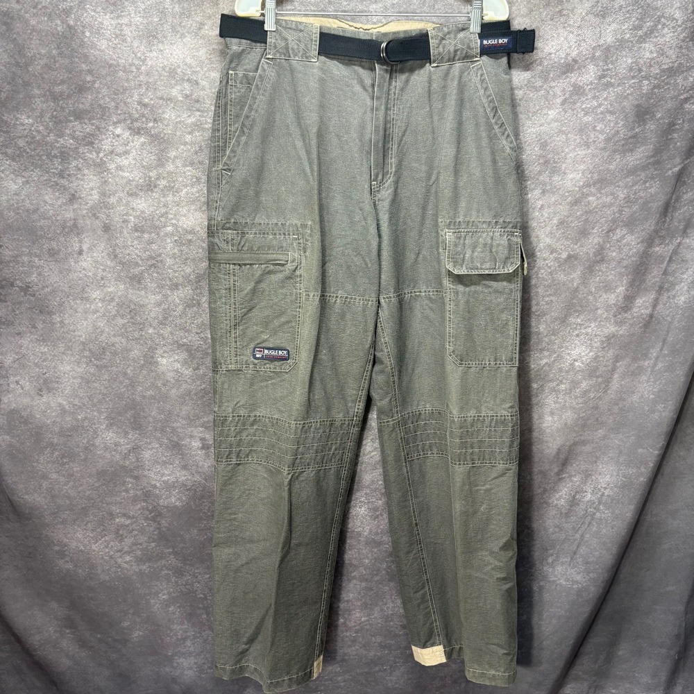 VTG Y2K Bugle Boy Belted Cargo Pants Mens Size 34x30 Gray Baggy Gorpcore Skater